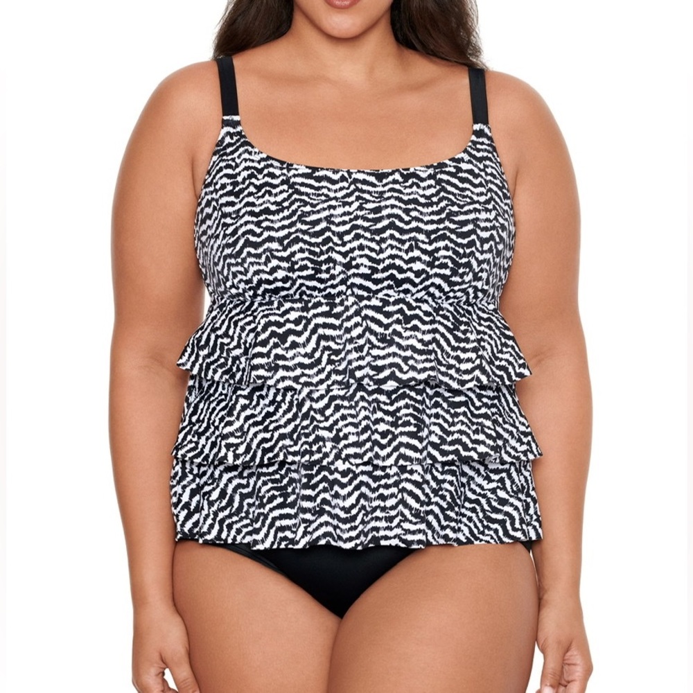 NWT Longitude long torso swimsuit Majorca triple ruffle black white L220862